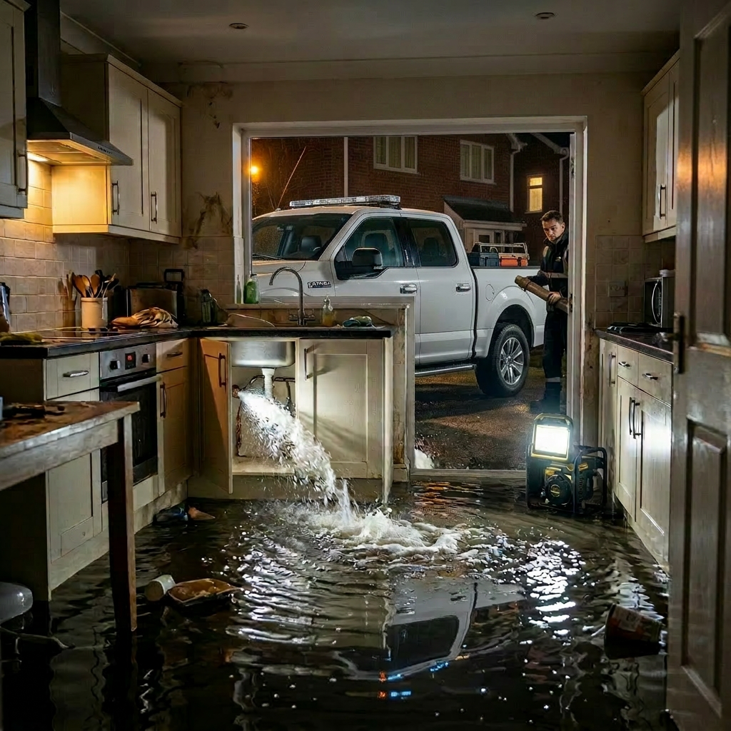 Flooded kitchen with water gushing from broken pipe under sink and plumbers repairing it