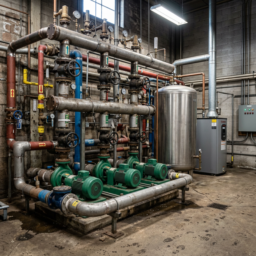 Commercial plumbing equipment in industrial building, no people